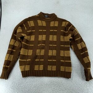 Vintage Branford Sweater Mens M/L Textured Knit Brown Yellow Plaid Pullover 90s